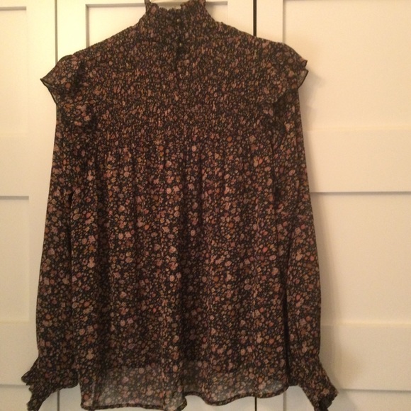 Dark Floral Semi-Sheer Smocked High Neck Ruffle Shoulder Blouse NWT - Picture 6 of 7